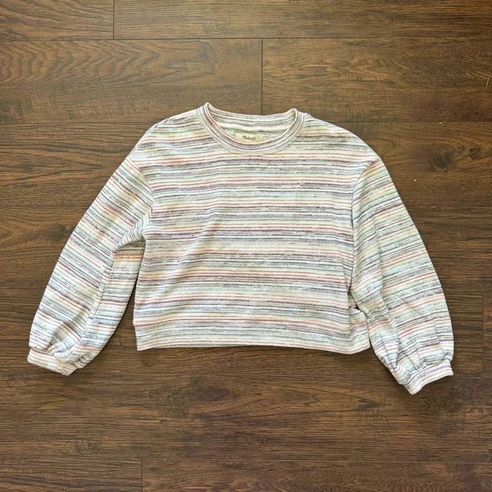 Madewell Bubble Sleeve Crew Neck Rainbow Pastel Striped Crop Sweater Women’s XS